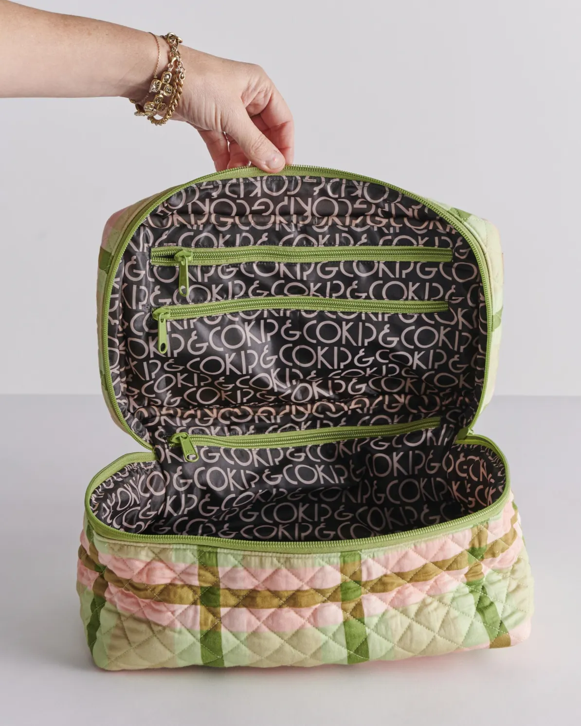 Kip & Co Pistachio Tartan Quilted Cotton Toiletry Case