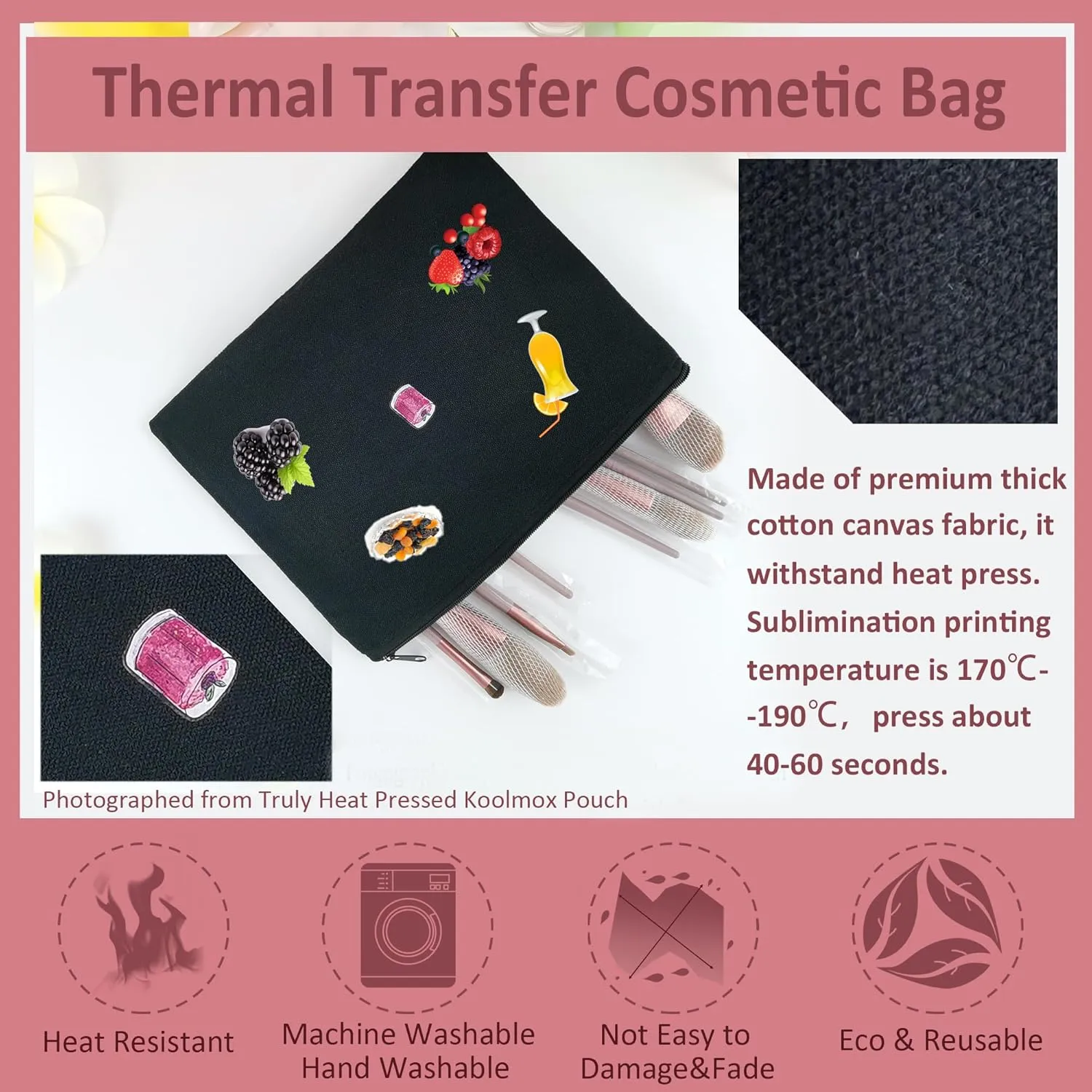 Koolmox Black Canvas Pouch for Women, 12 9x7 Inch Large Blank Canvas Makeup Bag with Zipper, Canvas Bags for Crafts Vinyl Print Tie Dye Decoration, Cards Tools Cosmetics Pen Pencil Purse Cases