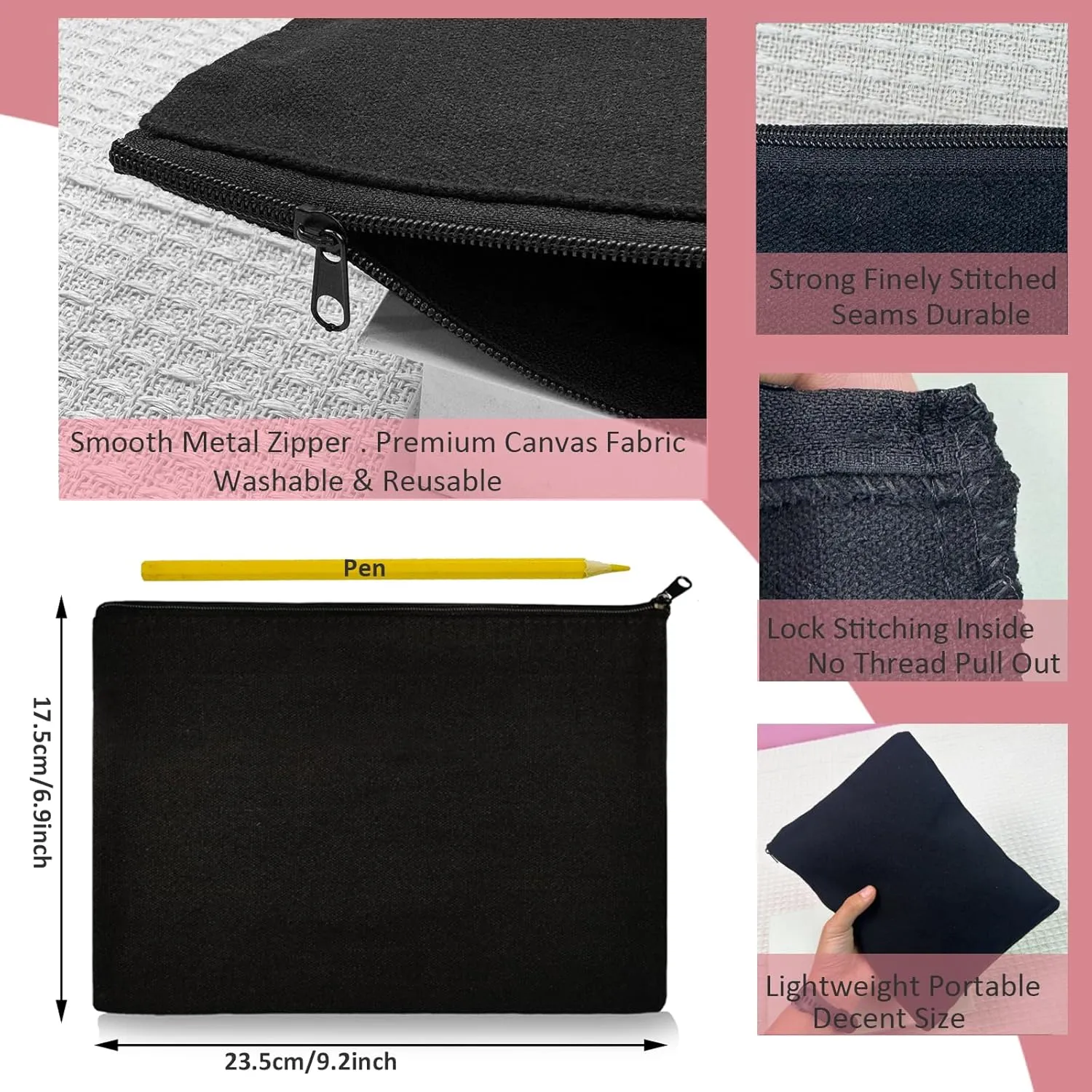 Koolmox Black Canvas Pouch for Women, 12 9x7 Inch Large Blank Canvas Makeup Bag with Zipper, Canvas Bags for Crafts Vinyl Print Tie Dye Decoration, Cards Tools Cosmetics Pen Pencil Purse Cases