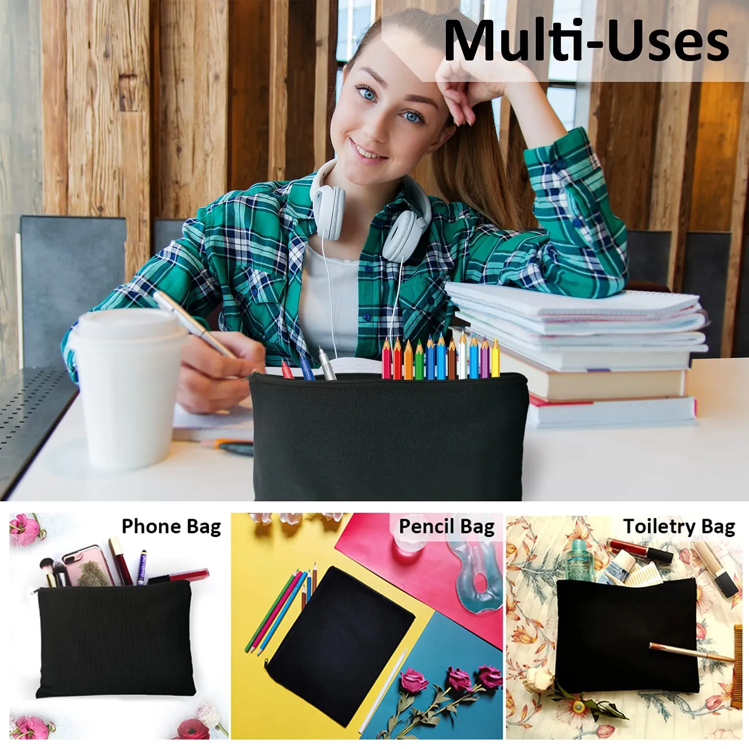 Koolmox Black Canvas Pouch for Women, 12 9x7 Inch Large Blank Canvas Makeup Bag with Zipper, Canvas Bags for Crafts Vinyl Print Tie Dye Decoration, Cards Tools Cosmetics Pen Pencil Purse Cases