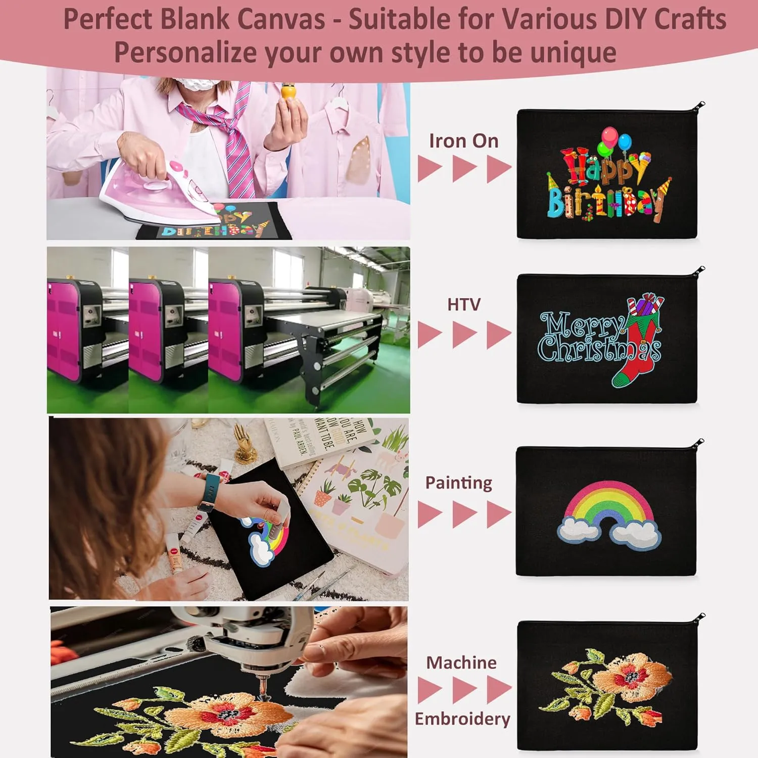 Koolmox Black Canvas Pouch for Women, 12 9x7 Inch Large Blank Canvas Makeup Bag with Zipper, Canvas Bags for Crafts Vinyl Print Tie Dye Decoration, Cards Tools Cosmetics Pen Pencil Purse Cases