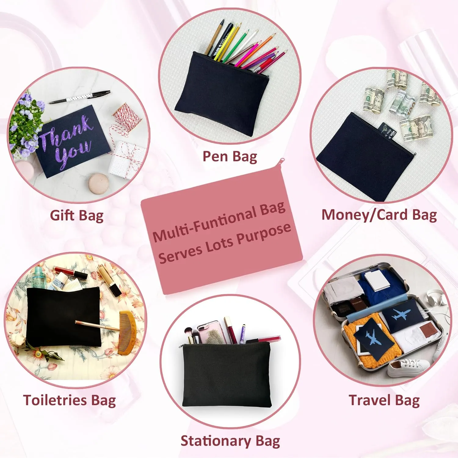 Koolmox Black Canvas Pouch for Women, 12 9x7 Inch Large Blank Canvas Makeup Bag with Zipper, Canvas Bags for Crafts Vinyl Print Tie Dye Decoration, Cards Tools Cosmetics Pen Pencil Purse Cases
