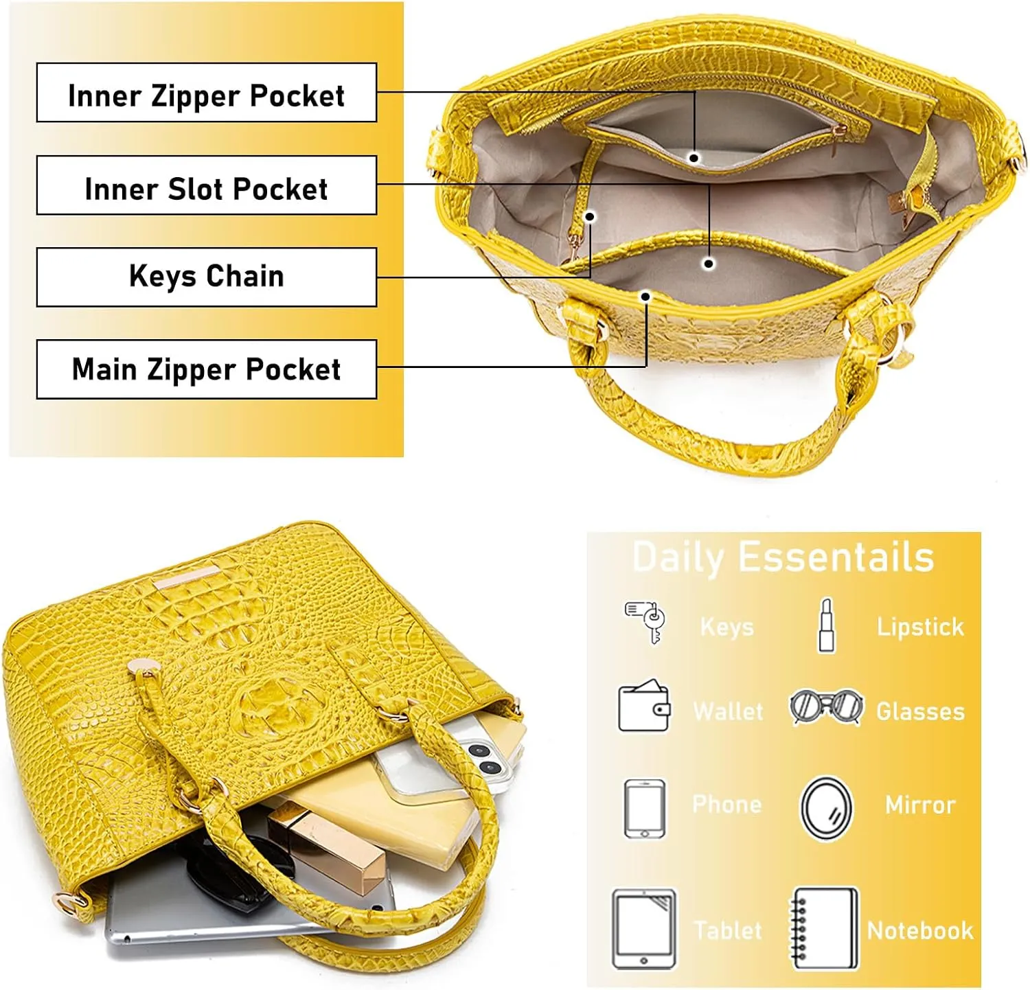 Ladies Tote Leather Bags for Women Crocodile Embossed Zipper Satchel Purse Elegant Compartments Crossbody Work