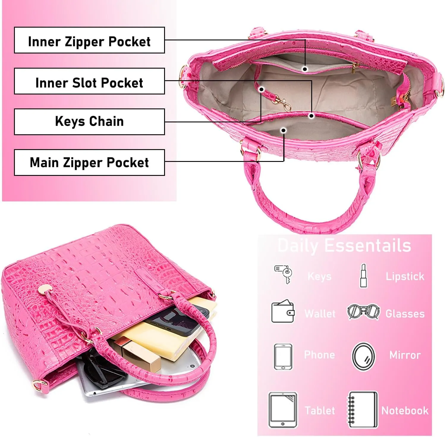 Ladies Tote Leather Bags for Women Crocodile Embossed Zipper Satchel Purse Elegant Compartments Crossbody Work