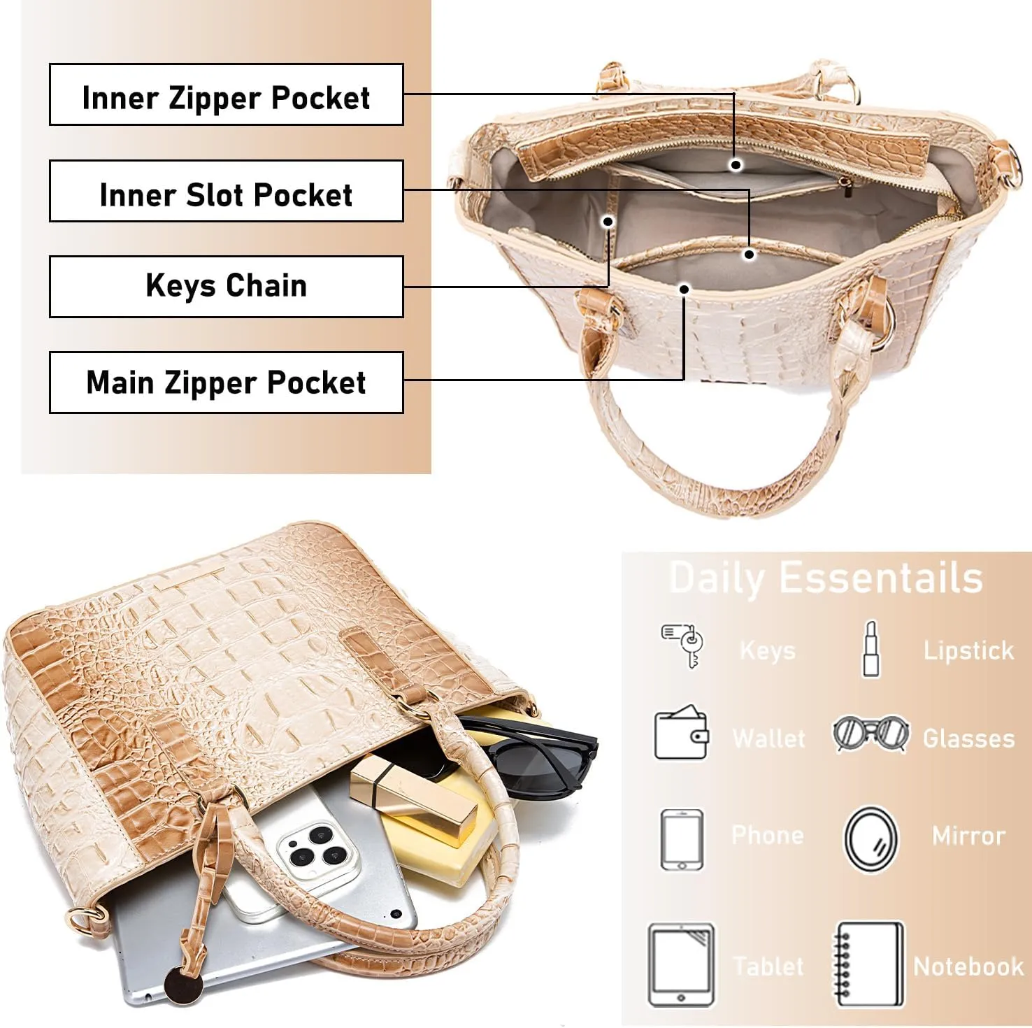 Ladies Tote Leather Bags for Women Crocodile Embossed Zipper Satchel Purse Elegant Compartments Crossbody Work