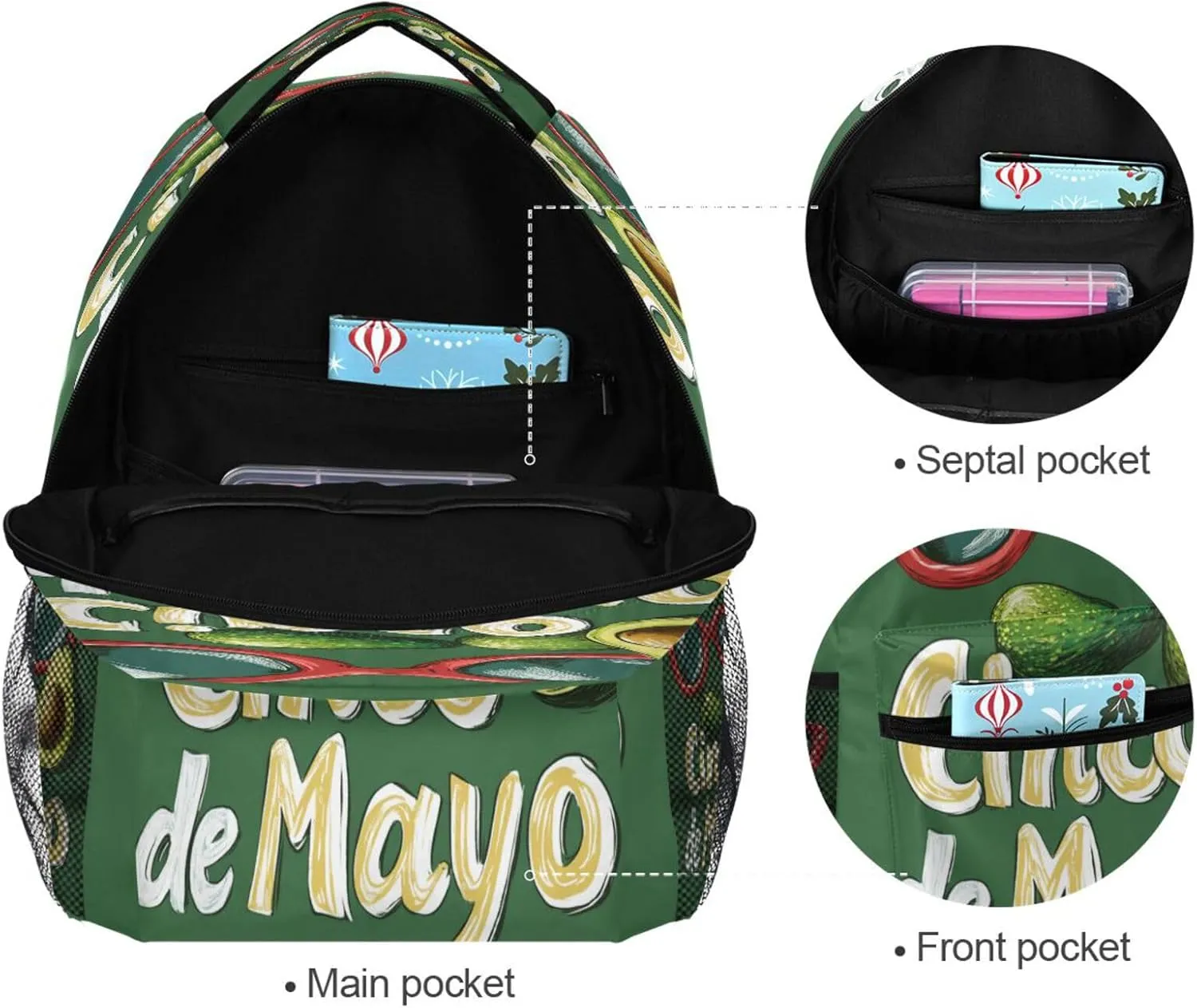 Laptop Backpack for Teenager Fashion Sports Backpack with Chest Strap for Business Work College Travel Trip Mexican Style Cinco De Mayo Sunglasses Avocados
