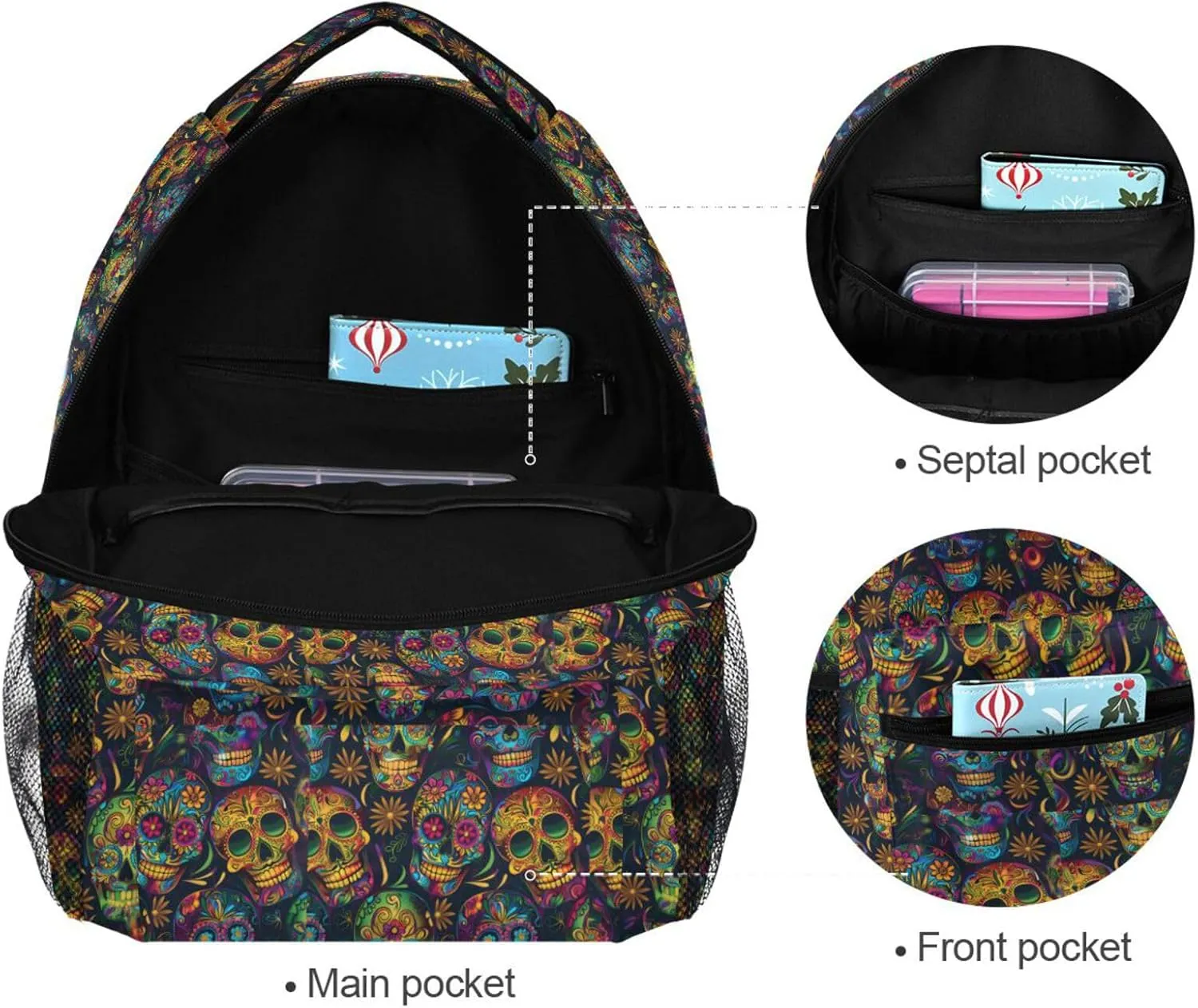 Laptop Backpack for Unisex Adult Fashion Travel Laptop Backpack with Chest Strap for Travel Trip Festive Sugar Skulls