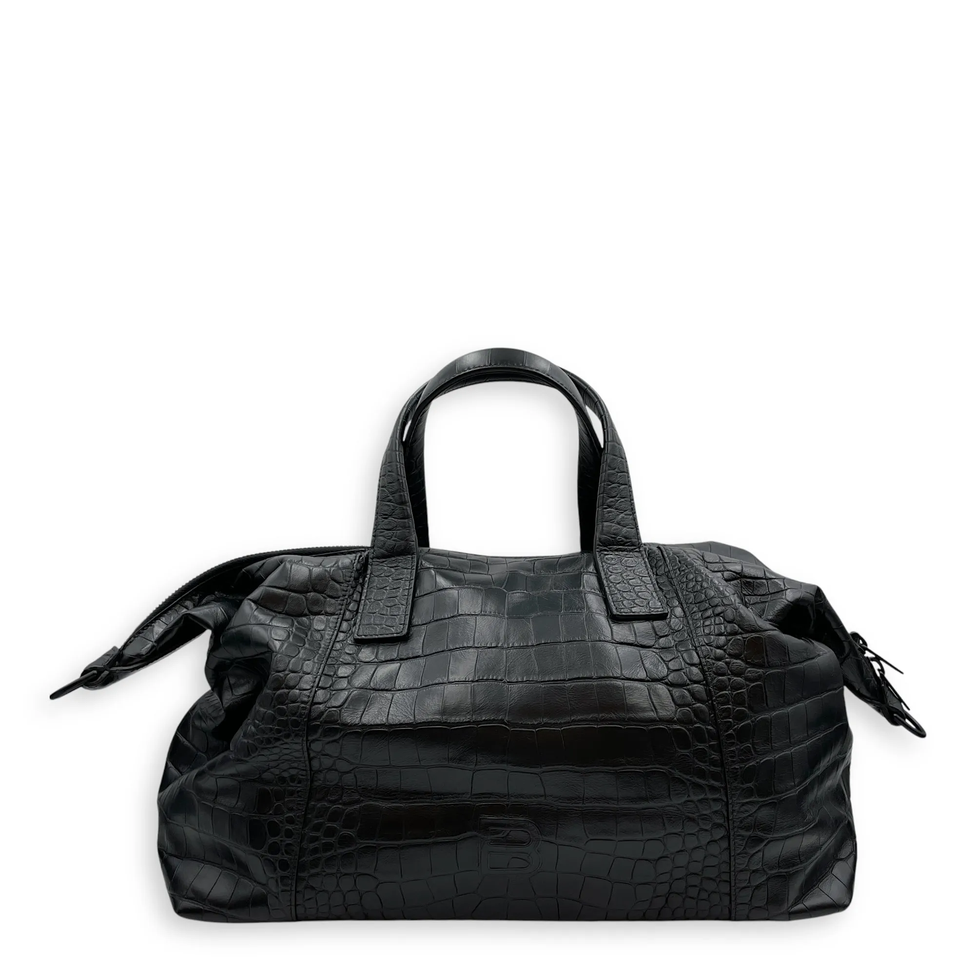 Large Black Duffle Bag in Crocodile Embossed Calfskin, Black powder coated hardware