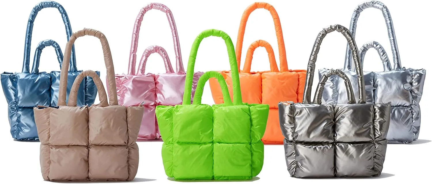 Large Lightweight Quilted Tote Bag for Women, Luxury Soft Padded Handbags, Winter Nylon Down Cotton Padding Shoulder Bags