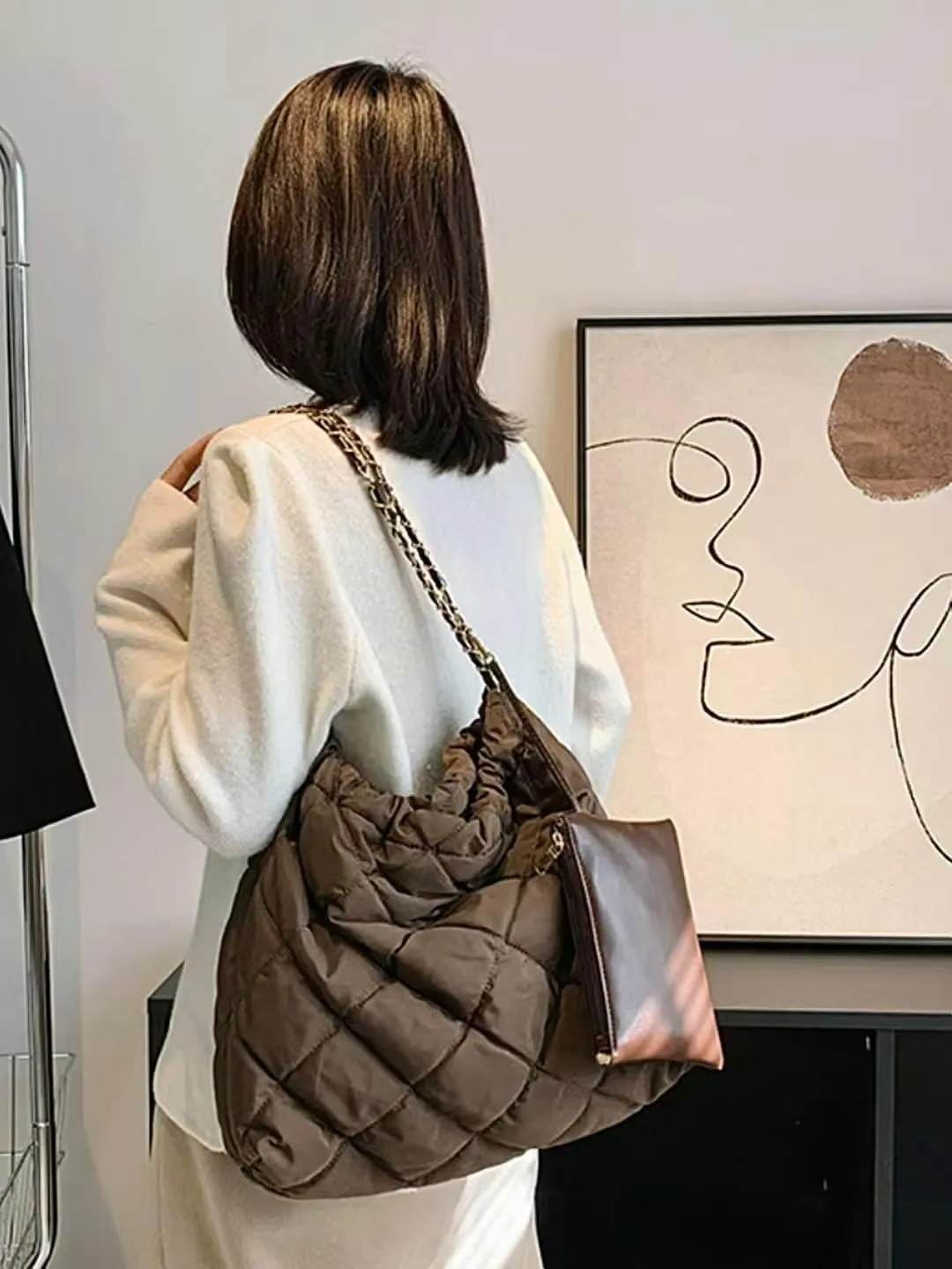 Large Puffer Tote Bag with Detachable Pouch Quilted Chain Bag Carryall Soft Puffy Hobo Handbag Puff Purse for Women
