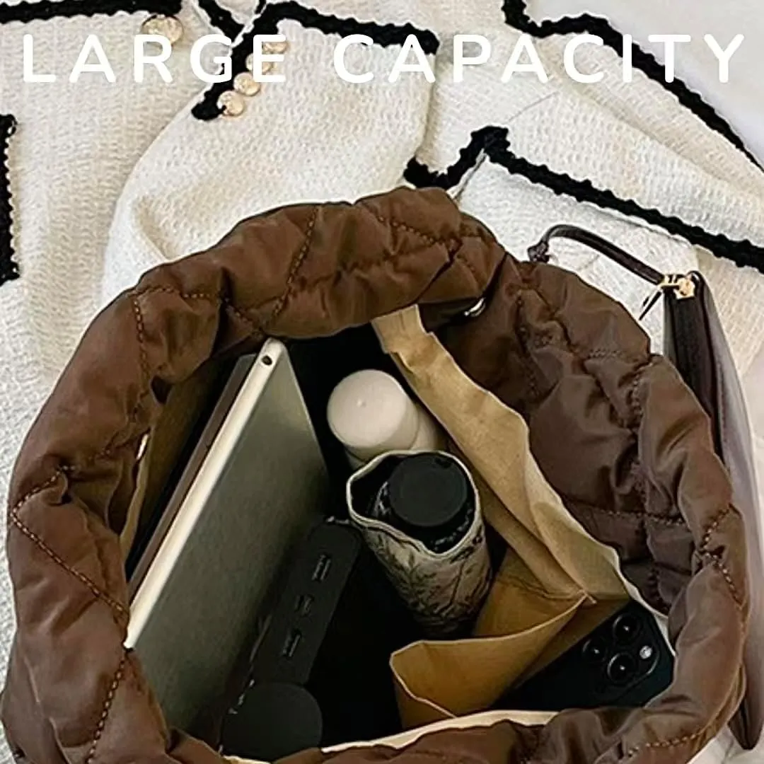 Large Puffer Tote Bag with Detachable Pouch Quilted Chain Bag Carryall Soft Puffy Hobo Handbag Puff Purse for Women