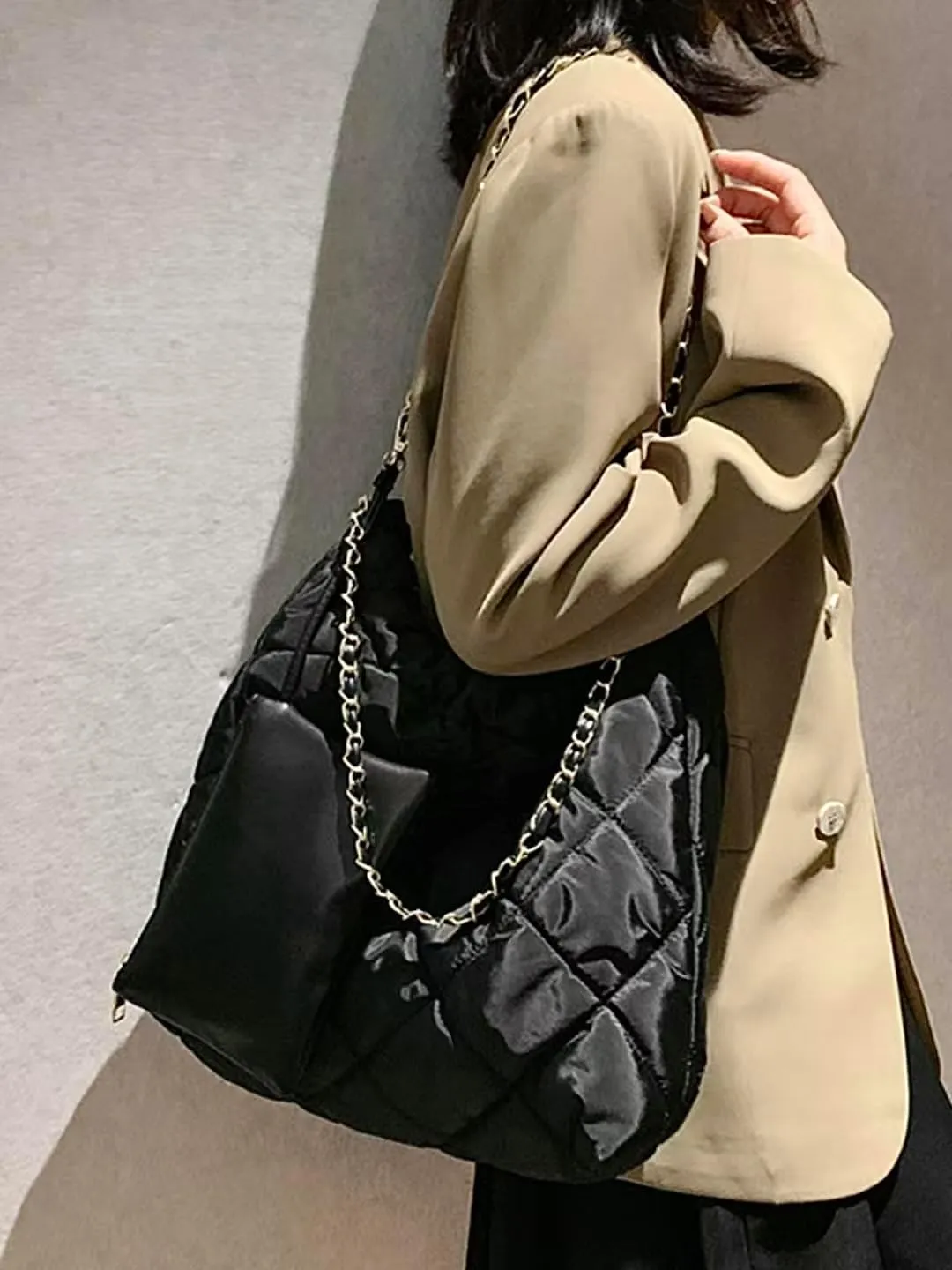Large Puffer Tote Bag with Detachable Pouch Quilted Chain Bag Carryall Soft Puffy Hobo Handbag Puff Purse for Women