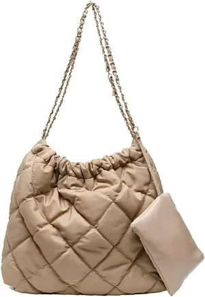 Large Puffer Tote Bag with Detachable Pouch Quilted Chain Bag Carryall Soft Puffy Hobo Handbag Puff Purse for Women