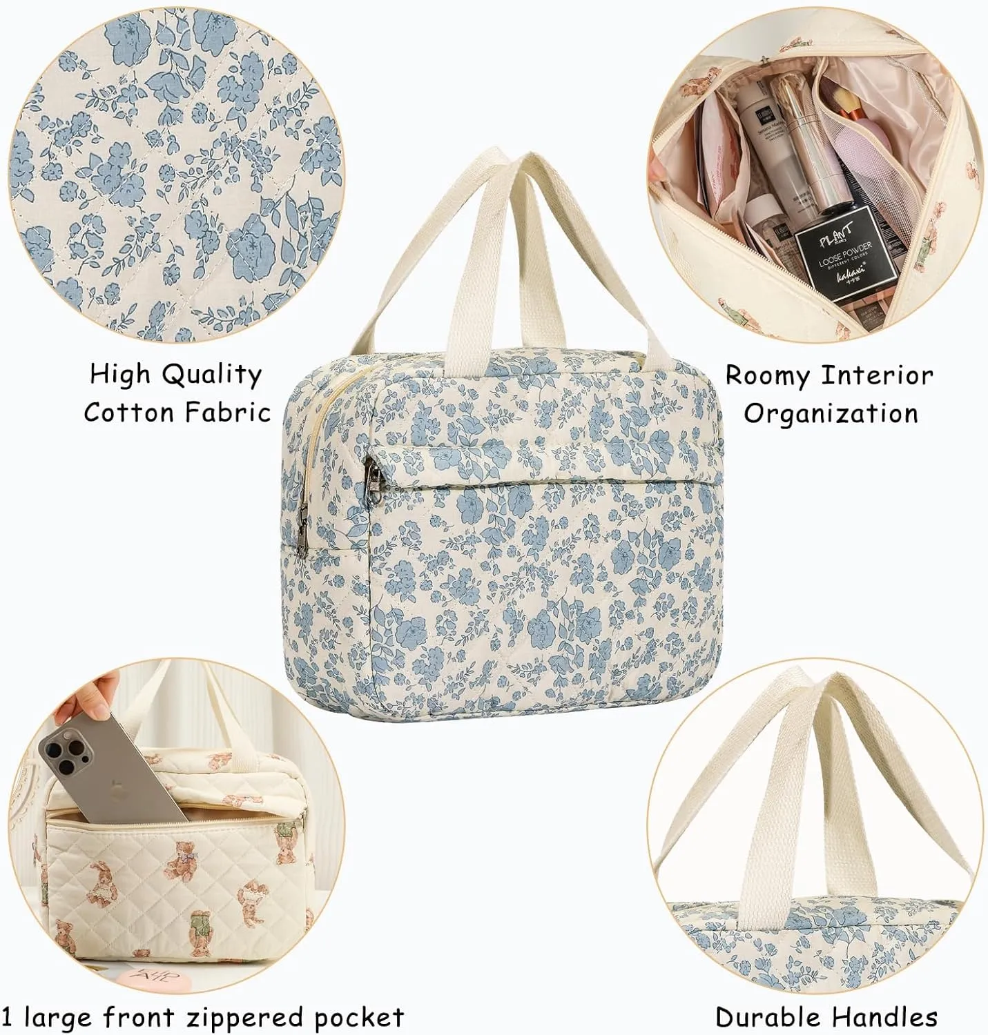 Large Size Quilted Coquette Makeup Bag, Cute Preppy Floral Cotton Travel Cosmetic Organizer Bag with Top Handle, Multi-Layer Travel Toiletry Pouch (01Lightblue Flower)