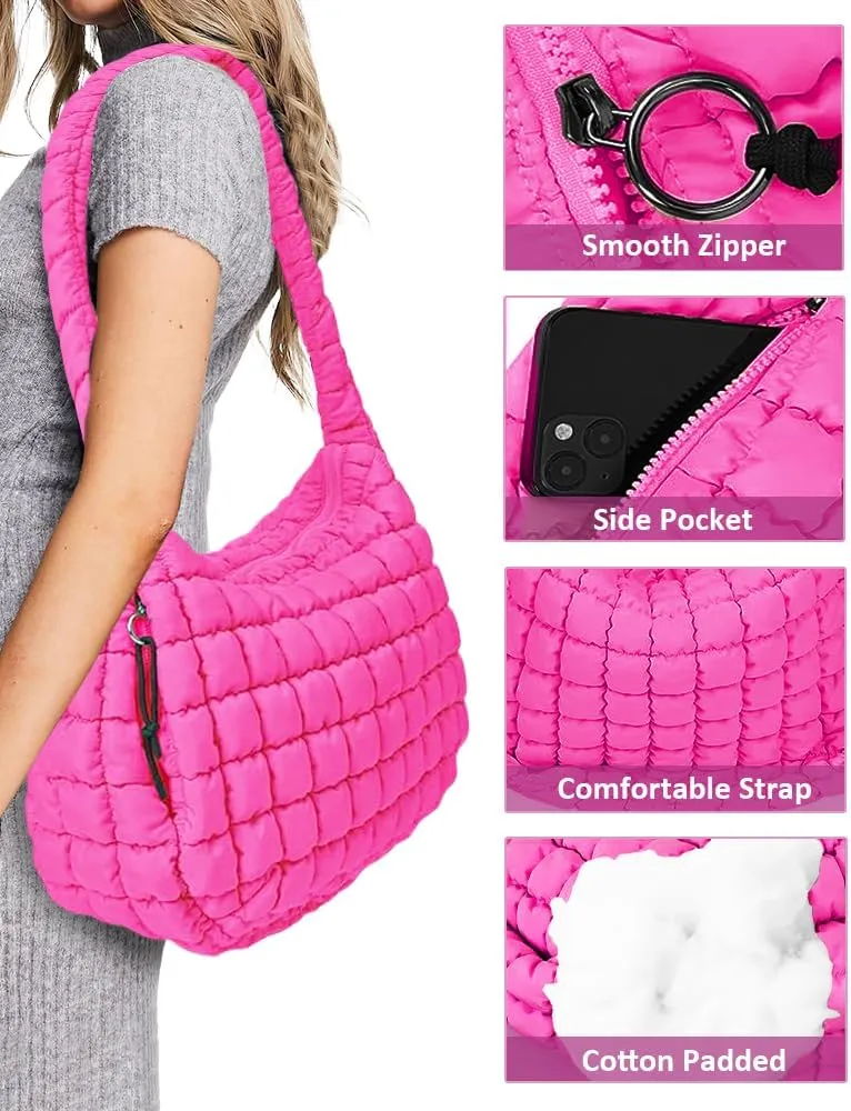 LaurelTree Quilted Puffer Crossbody Bag Lightweight Nylon Puffer Tote Bags Puffy Shoulder Bag Carryall Hobo Bags for Women