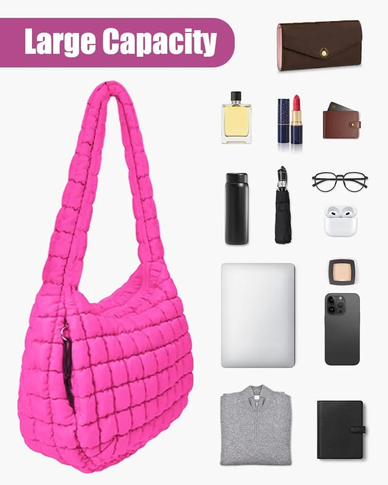 LaurelTree Quilted Puffer Crossbody Bag Lightweight Nylon Puffer Tote Bags Puffy Shoulder Bag Carryall Hobo Bags for Women