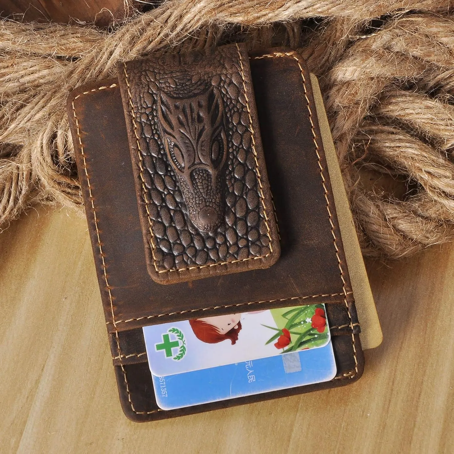 Le'aokuu Genuine Leather Magnet Money Clip Credit Card Case Holder Slim Wallet