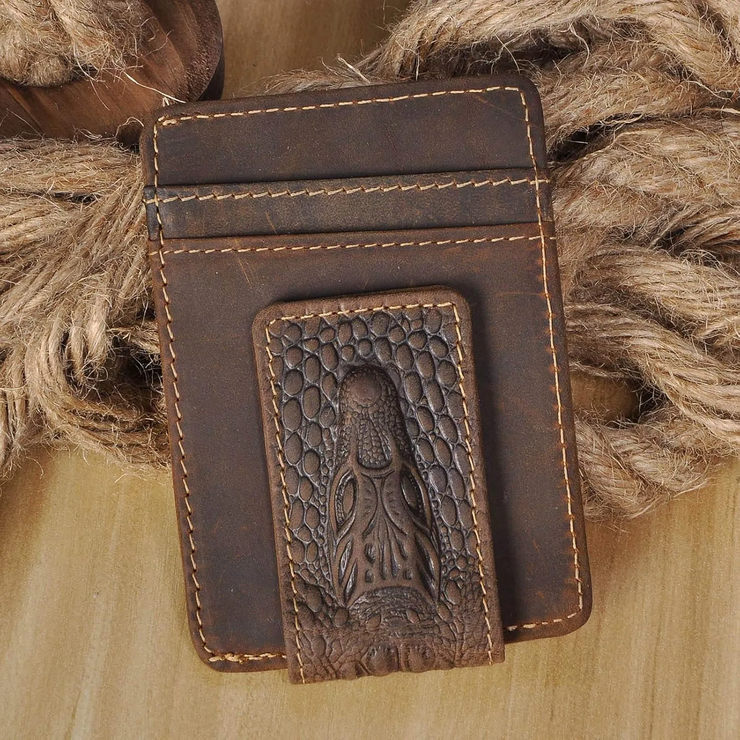 Le'aokuu Genuine Leather Magnet Money Clip Credit Card Case Holder Slim Wallet