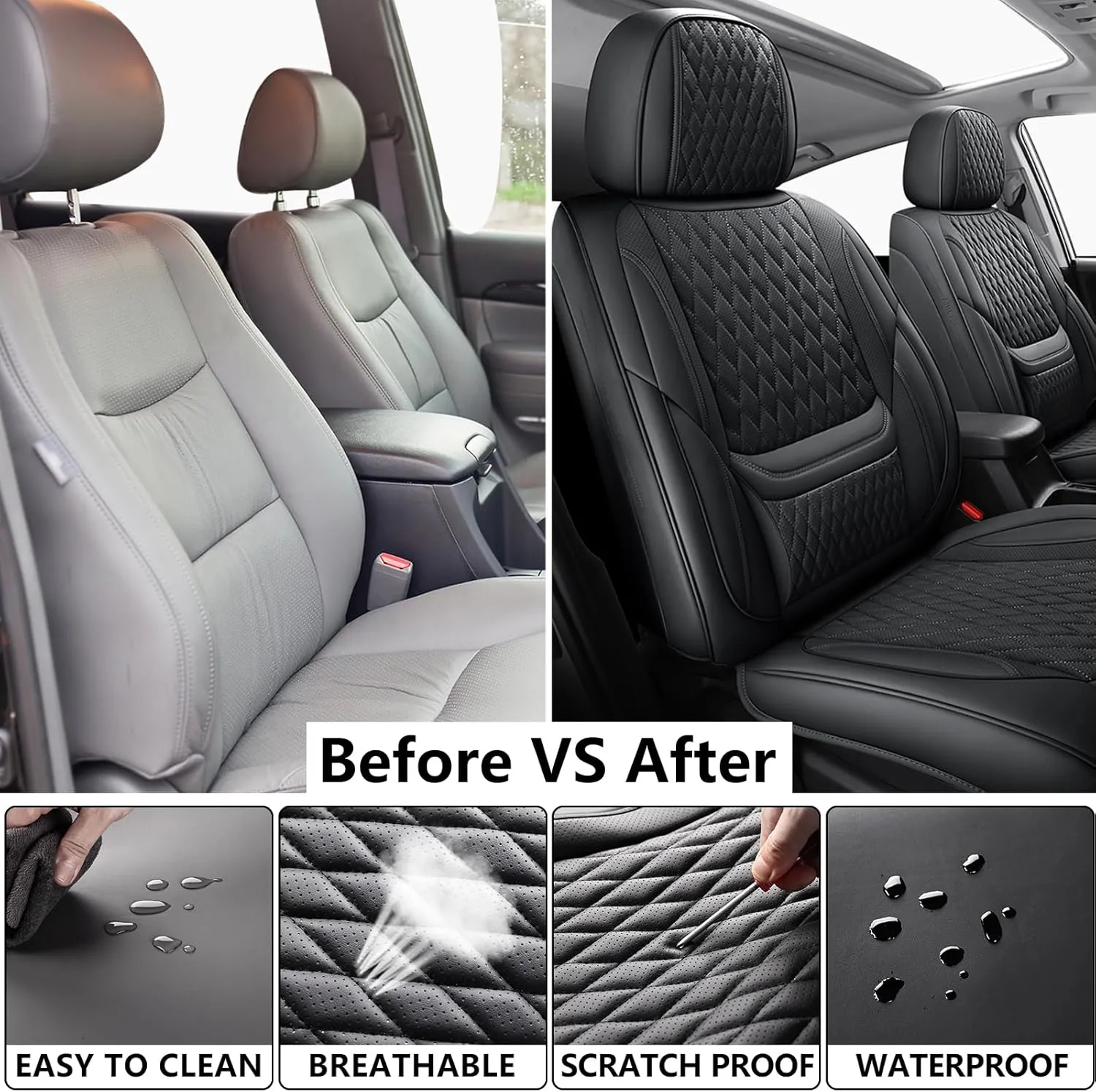 Leather Car Seat Covers,Car Seat Covers Full Set,Automotive Seat Covers 5 Seats,Fit for Most Cars SUV and Most Sedans Hatchbacks Crossovers,Breathable Waterproof Full Wrapping Edge Seat Covers