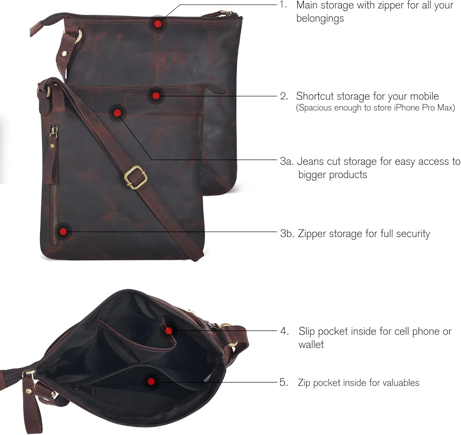 Leather Crossbody Bags for Women - Ladies Sling Handbags - Medium Cross body Purses Handbags - Purses For Women