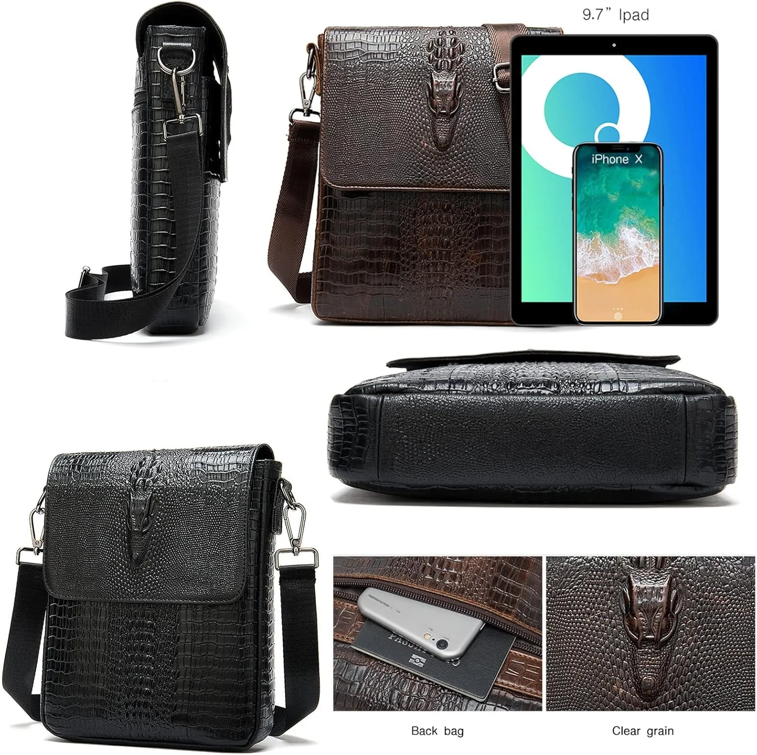 Leather Messenger Sling Crossbody Shoulder Bag for Men Travel Work Business Magnetic Buckle Adjustable straps