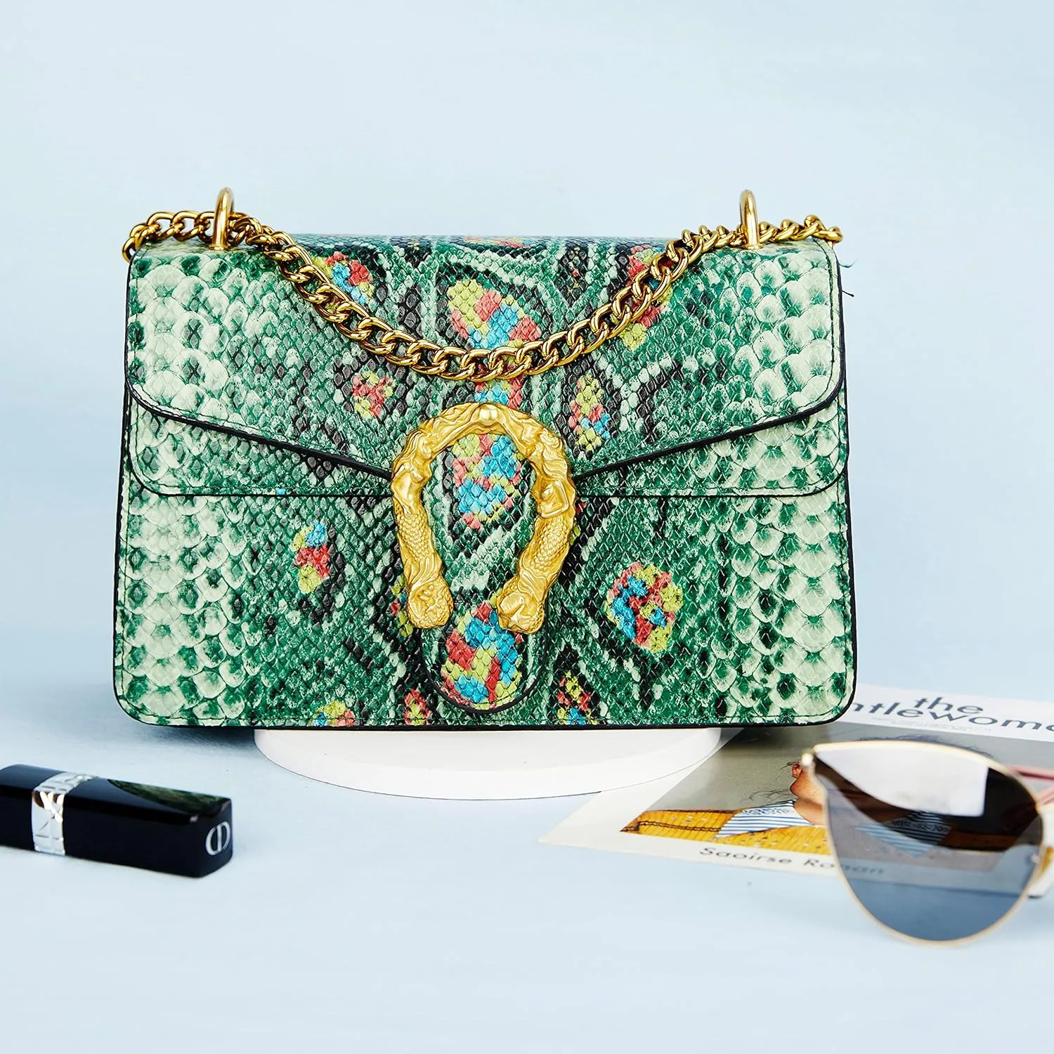 Leather Shoulder Bag Chain Purse for Women - Fashion Crossbody Bags Vintage Snake Print Underarm Bag Square Satchel Handbag