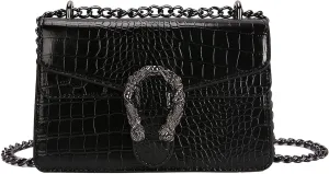 Leather Shoulder Bag Chain Purse for Women - Fashion Crossbody Bags Vintage Snake Print Underarm Bag Square Satchel Handbag