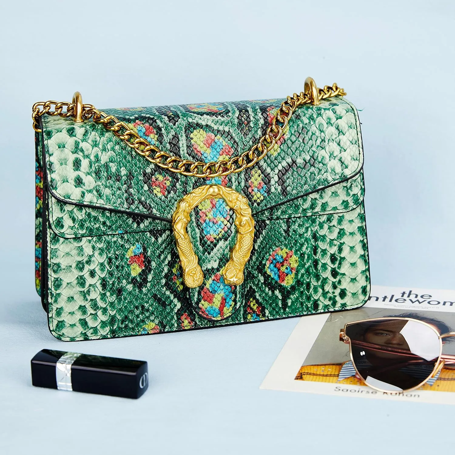 Leather Shoulder Bag Chain Purse for Women - Fashion Crossbody Bags Vintage Snake Print Underarm Bag Square Satchel Handbag