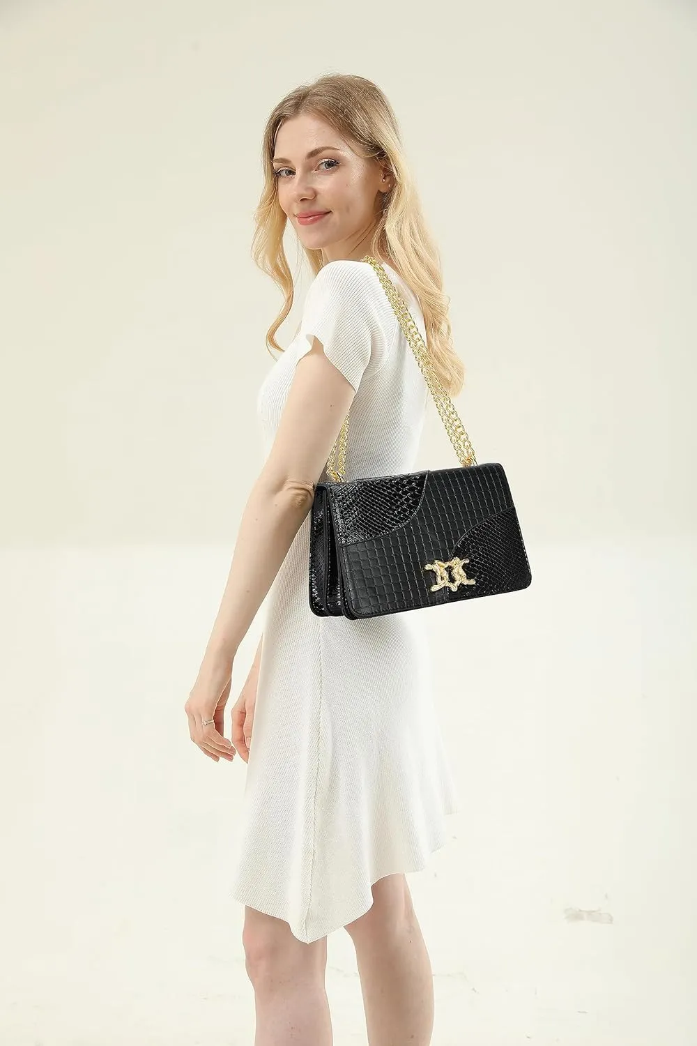 Leather Shoulder Bag Chain Purse for Women - Fashion Crossbody Bags Vintage Snake Print Underarm Bag Square Satchel Handbag