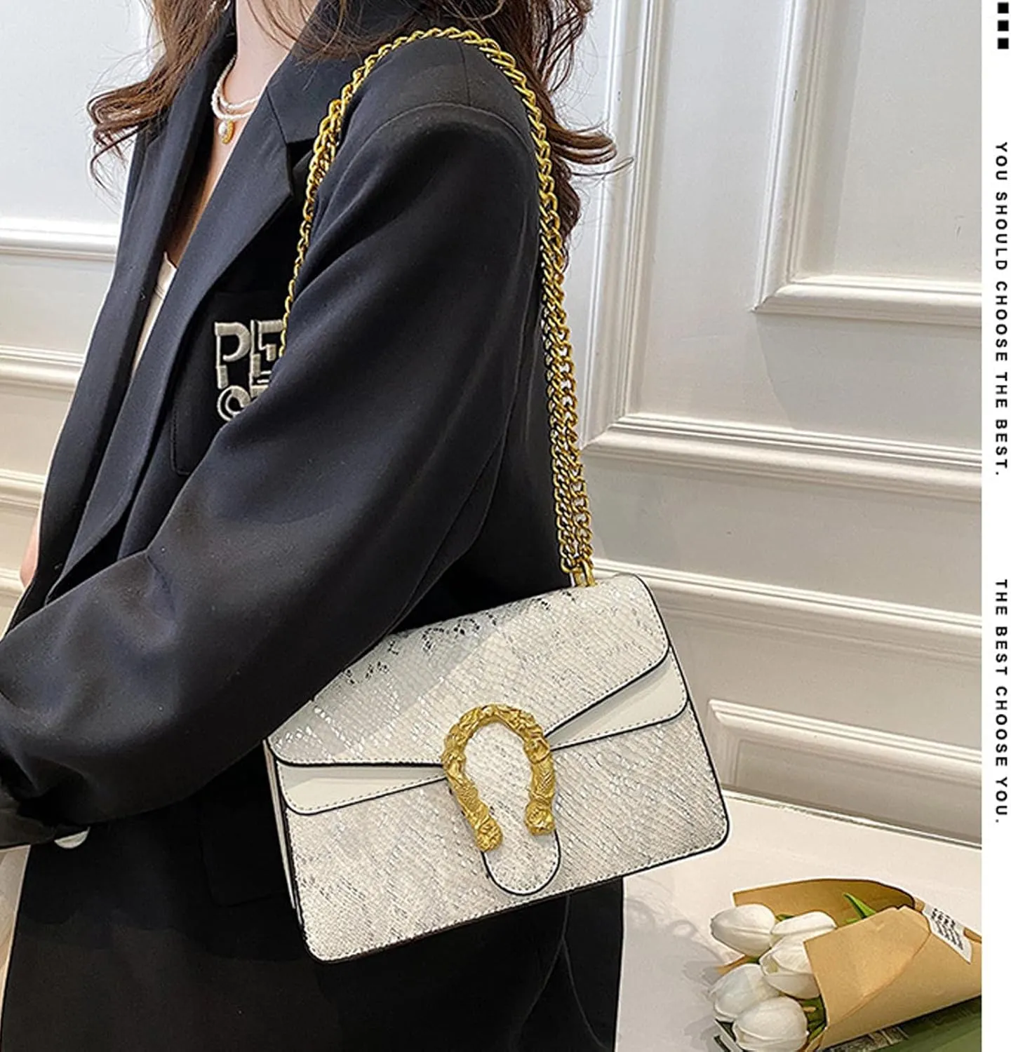 Leather Shoulder Bag Chain Satchel Purse for Women,Snake Print Crossbody Bag PU Leather Underarm Bag Square Handbag