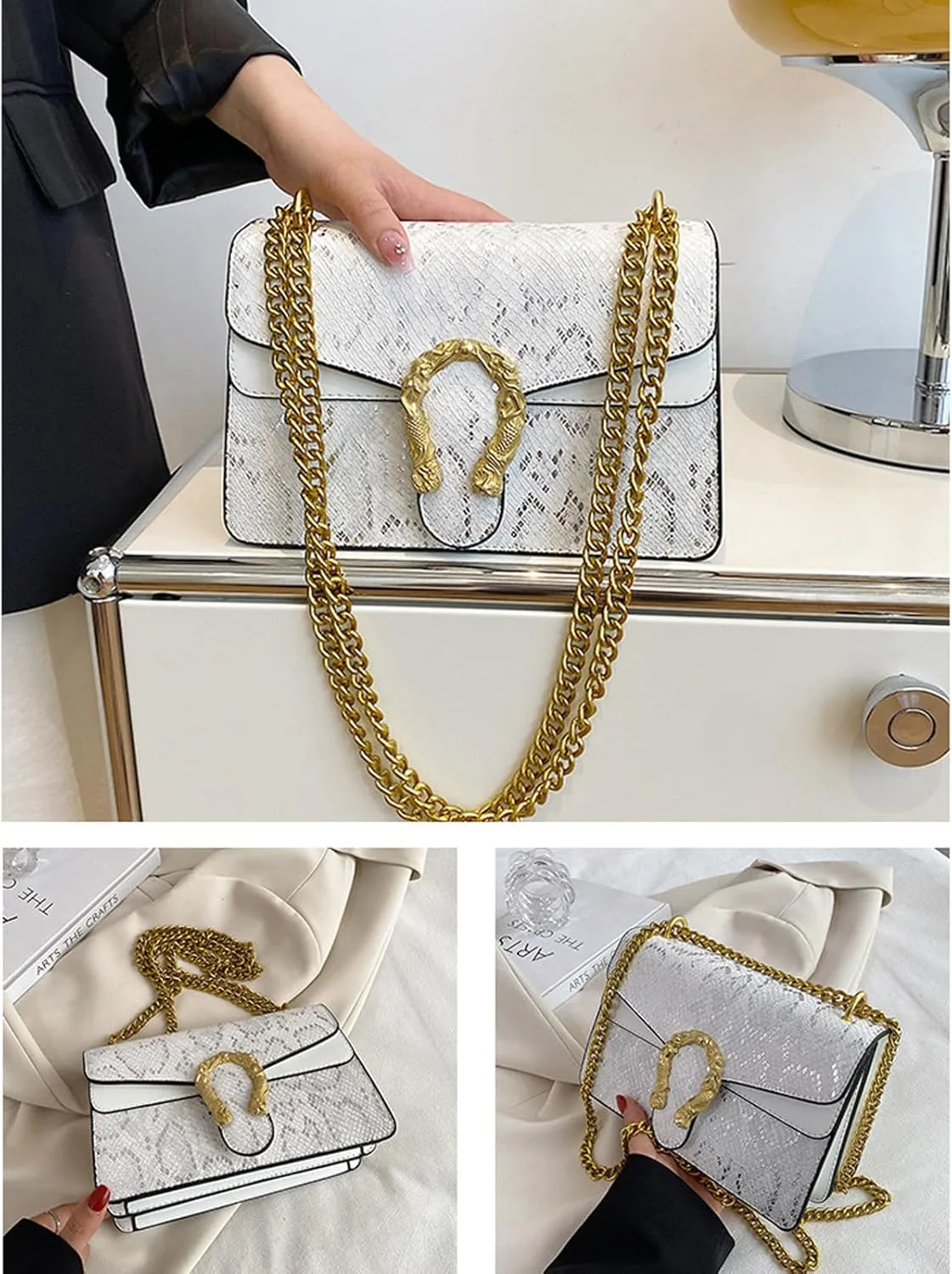 Leather Shoulder Bag Chain Satchel Purse for Women,Snake Print Crossbody Bag PU Leather Underarm Bag Square Handbag