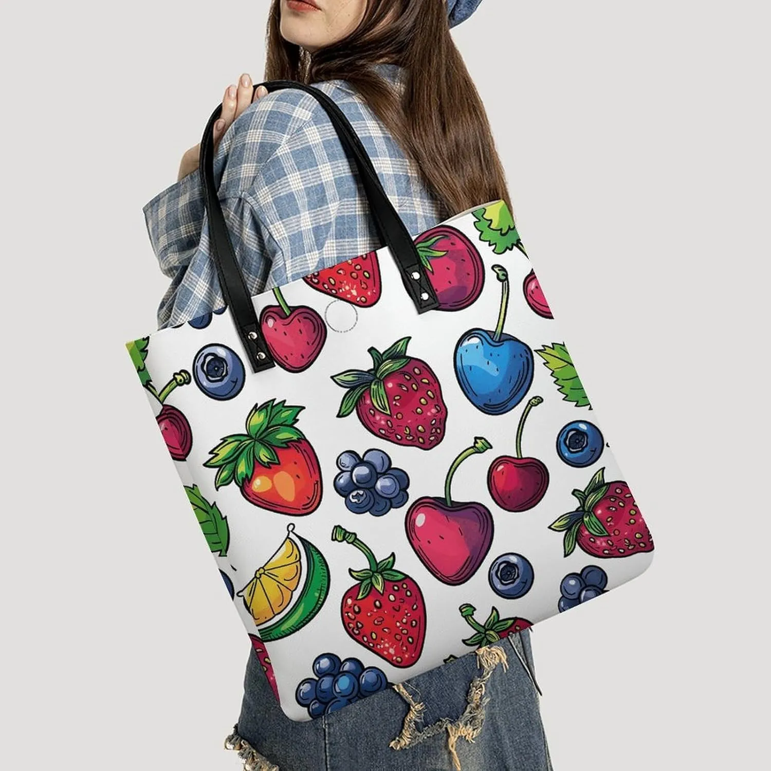Leather Tote Bags for Women Lake And TreesHandbag Makeup Bag Casual Bag with Magnetic Buckle