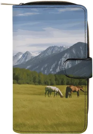 Leather Wallet Multifunction Long Wallet Fashion Mountain Pasture Grazing Horses Printing Leather Purse with For Women And Men