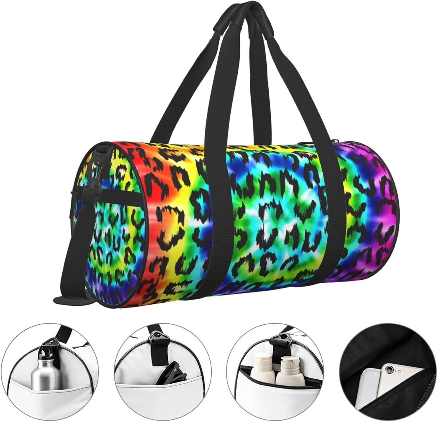 Leopard Rainbow Tie Dye Sports Gym Bag Travel Duffel Bag Shoes Compartment For Men Women Foldable Lightweight Yoga Gym Sports Bag