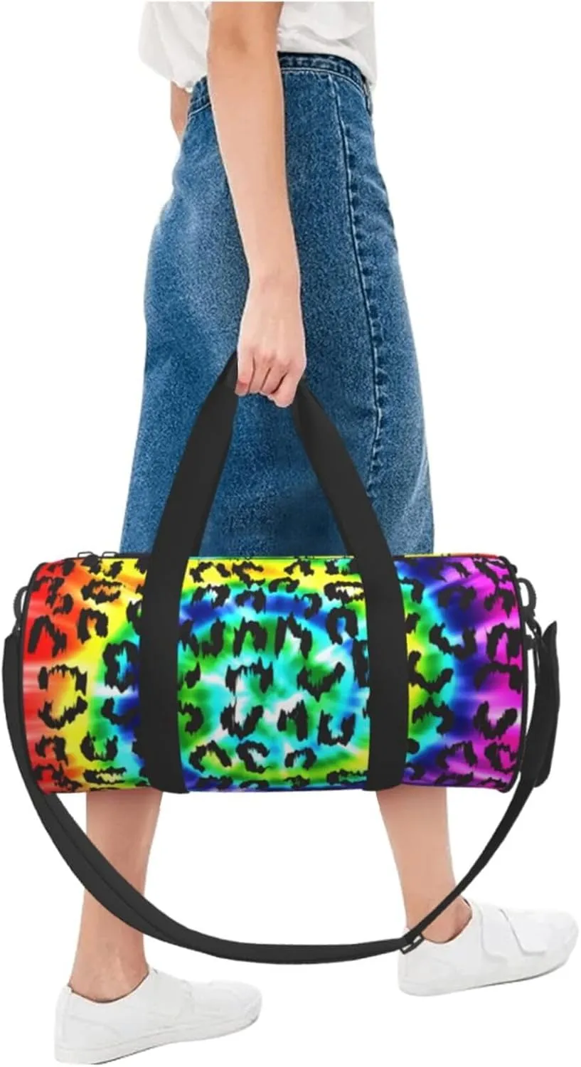 Leopard Rainbow Tie Dye Sports Gym Bag Travel Duffel Bag Shoes Compartment For Men Women Foldable Lightweight Yoga Gym Sports Bag