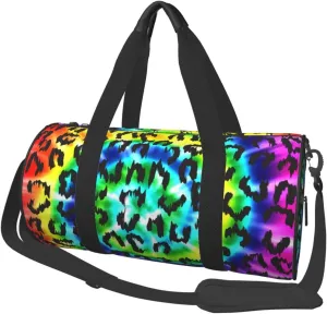 Leopard Rainbow Tie Dye Sports Gym Bag Travel Duffel Bag Shoes Compartment For Men Women Foldable Lightweight Yoga Gym Sports Bag