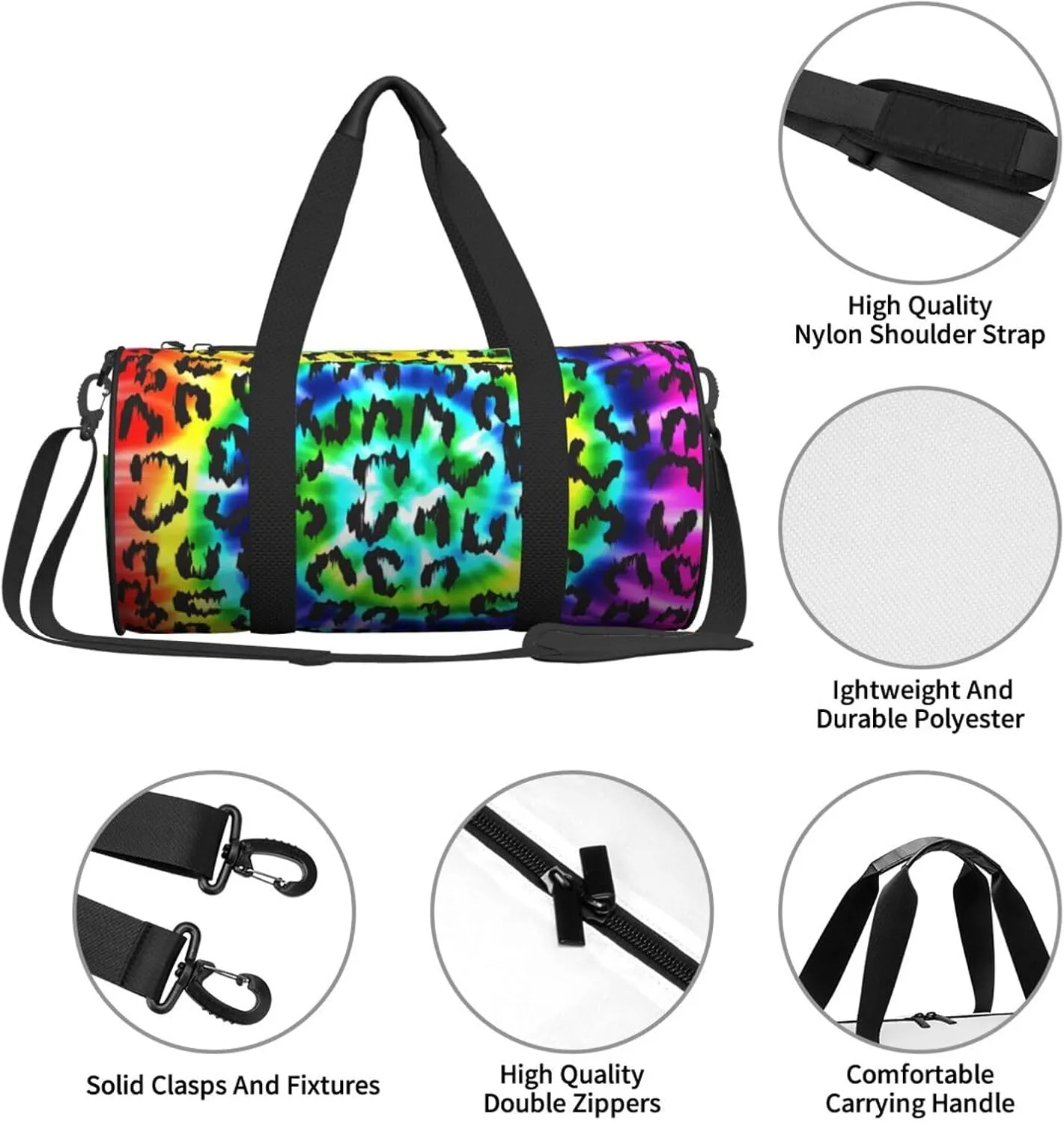Leopard Rainbow Tie Dye Sports Gym Bag Travel Duffel Bag Shoes Compartment For Men Women Foldable Lightweight Yoga Gym Sports Bag