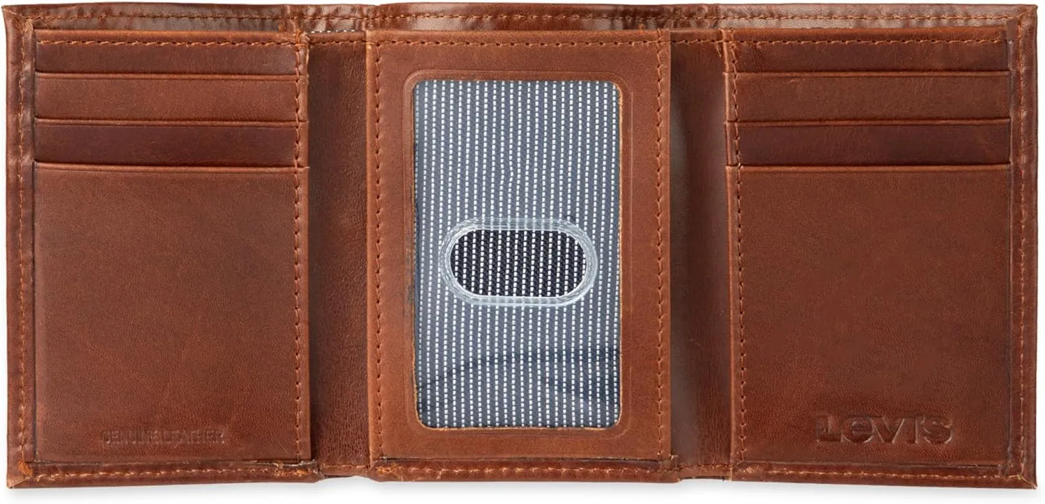 Levi's Men's Trifold Wallet-Sleek and Slim Includes Id Window and Credit Card Holder, Tan, One Size
