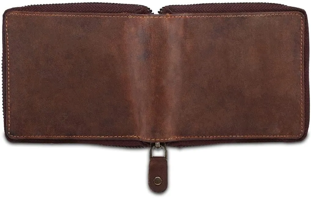 Liberty Leather Bi-Fold Round Zipper Wallet with RFID Blocking Technology | Slim and Sleek Cow Hide Leather Multi Slot Wallet for Men and Boys (Hunter)