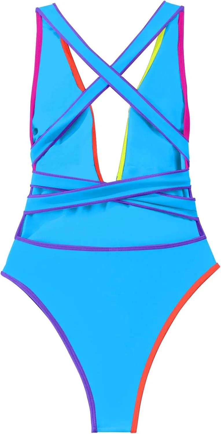Lilosy Sexy Tie Criss Cross Plunge One Piece Thong Swimsuit High Cut Brazilian Bathing Suit