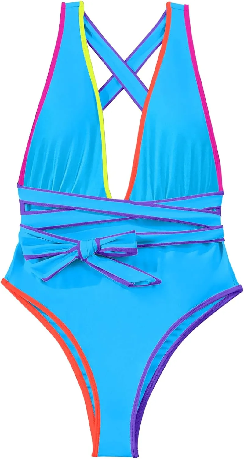 Lilosy Sexy Tie Criss Cross Plunge One Piece Thong Swimsuit High Cut Brazilian Bathing Suit