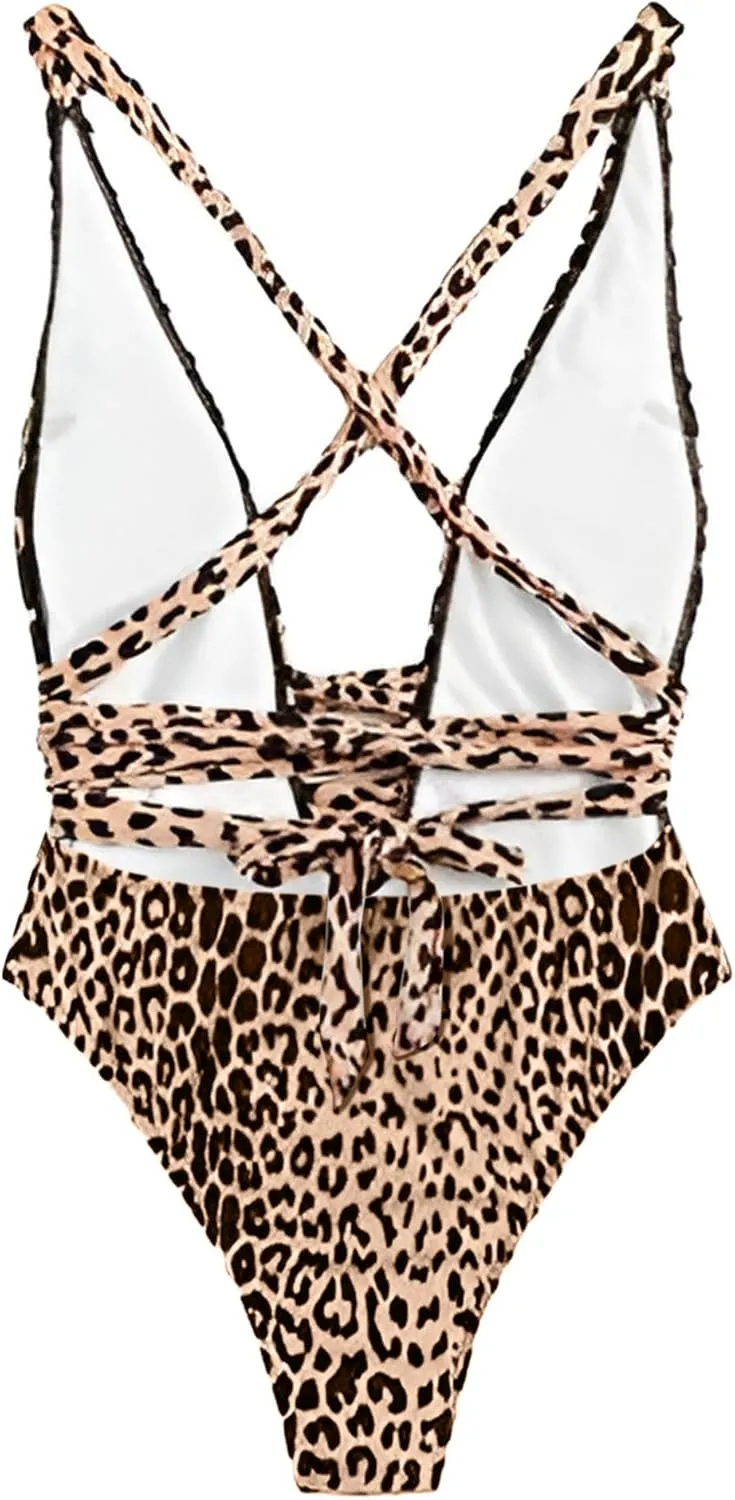 Lilosy Sexy Tie Criss Cross Plunge One Piece Thong Swimsuit High Cut Brazilian Bathing Suit