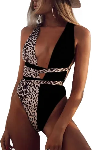 Lilosy Sexy Tie Criss Cross Plunge One Piece Thong Swimsuit High Cut Brazilian Bathing Suit