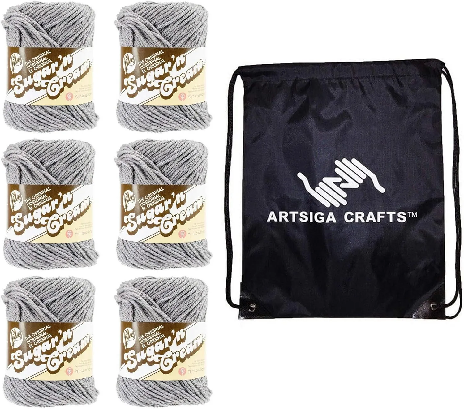 Lily Sugar'n Cream Solids Overcast 102001-1042 (6-Pack - Same Dye Lot) Worsted Medium #4 Cotton Yarn for Crocheting and Knitting with Project Bag