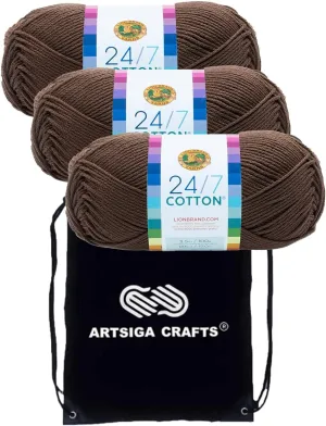 Lion Brand 24/7 Cotton Cafe Au Lait 761-126 (3-Skeins - Same Dye Lot) Worsted Medium #4 Cotton Yarn for Crocheting and Knitting with Project Bag