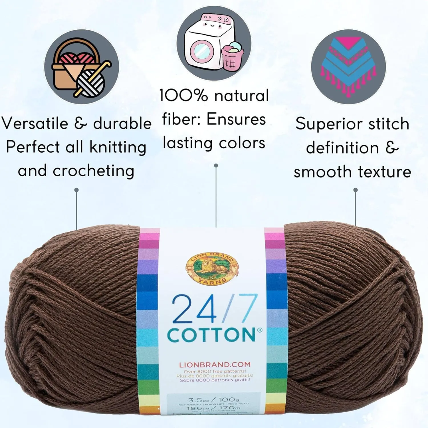 Lion Brand 24/7 Cotton Cafe Au Lait 761-126 (3-Skeins - Same Dye Lot) Worsted Medium #4 Cotton Yarn for Crocheting and Knitting with Project Bag