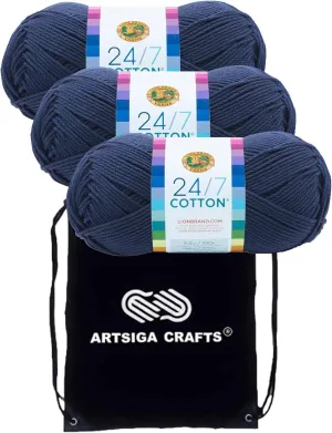 Lion Brand 24/7 Cotton Navy 761-110 (3-Skeins - Same Dye Lot) Worsted Medium #4 Cotton Yarn for Crocheting and Knitting with Project Bag