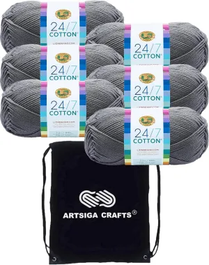 Lion Brand 24/7 Cotton Silver 761-149 (6-Skeins - Same Dye Lot) Worsted Medium #4 Cotton Yarn for Crocheting and Knitting with Project Bag