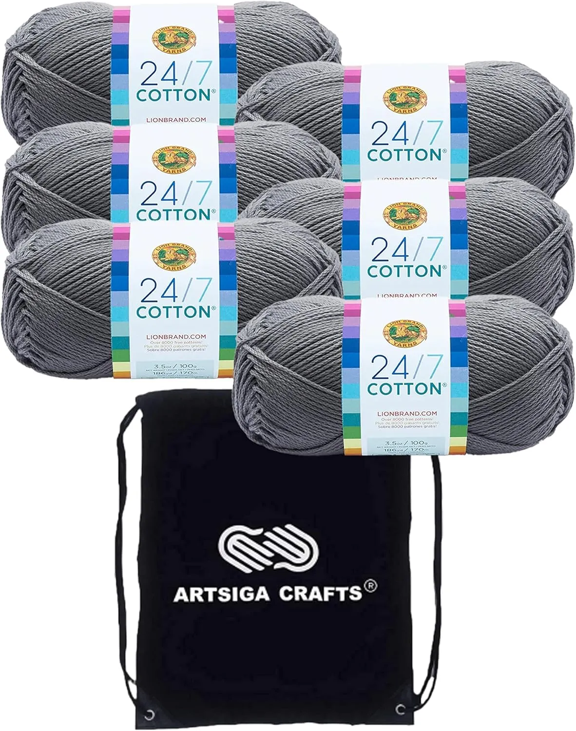 Lion Brand 24/7 Cotton Silver 761-149 (6-Skeins - Same Dye Lot) Worsted Medium #4 Cotton Yarn for Crocheting and Knitting with Project Bag