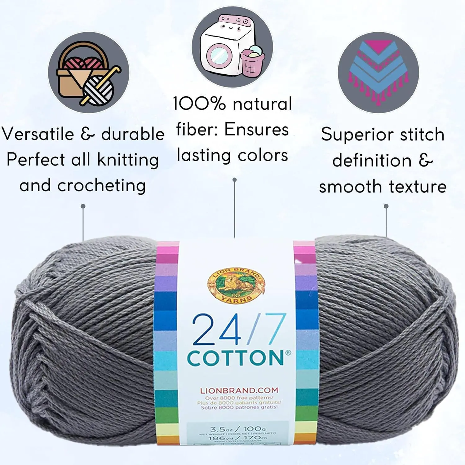 Lion Brand 24/7 Cotton Silver 761-149 (6-Skeins - Same Dye Lot) Worsted Medium #4 Cotton Yarn for Crocheting and Knitting with Project Bag
